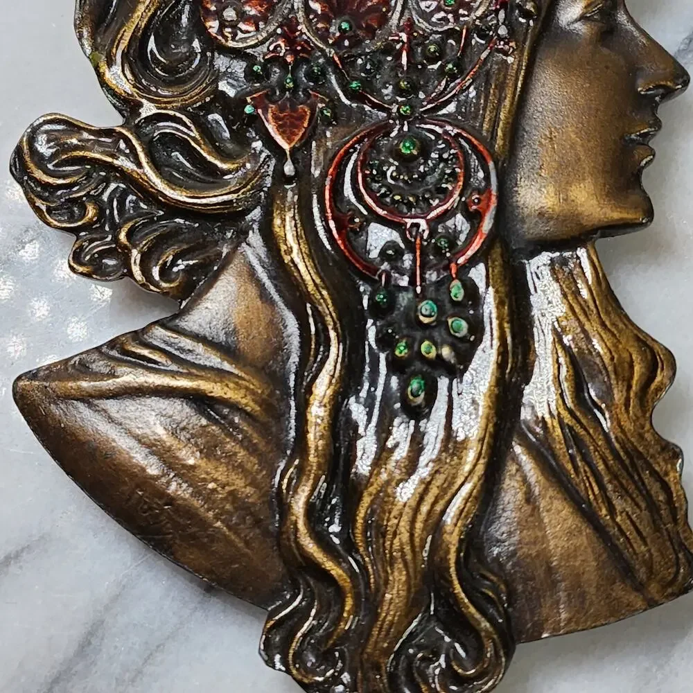 Vintage 1970s Alphonse Mucha Bergamot Brass Works Gypsy Boho Belt Buckle